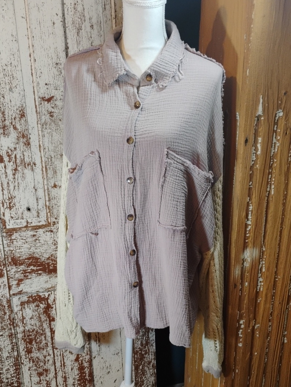 POL Two-Tone Button-Front Shirt Gauze in Lilac and Cream W/Cable Knit Sleeves L